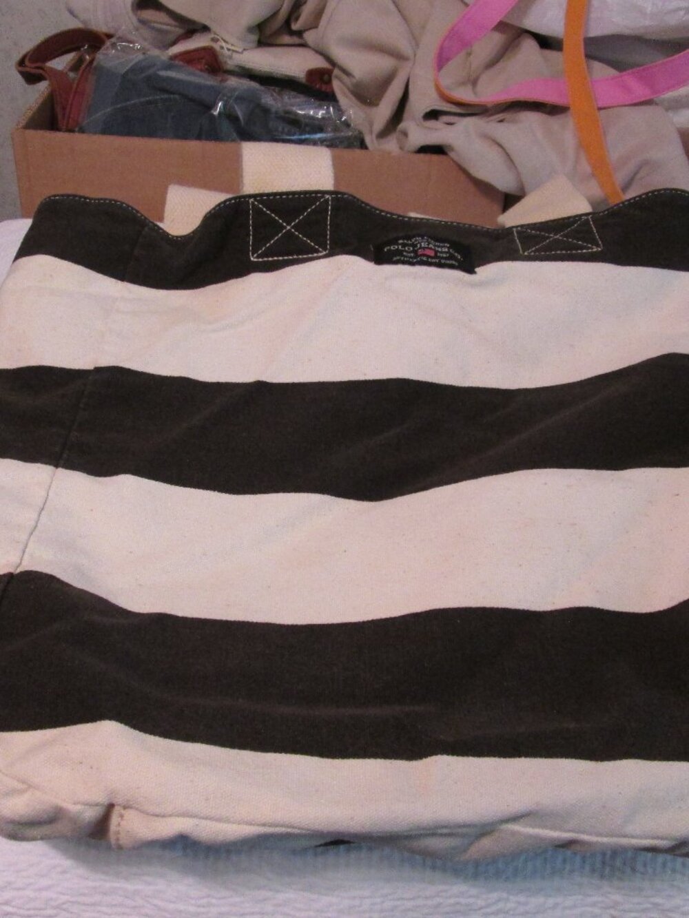Ralph Lauren Polo Jeans Co Black & White Striped Large Canvas Tote